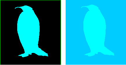 Two penguins, both the same color. The penguin on a black background looks light, On a light blue background, it looks darker.