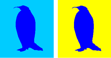 A blue penguin inside a light blue box looks blue. The same penguin inside a yellow box looks darker.