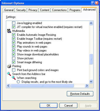 Internet Explorer dialog box for turning images off